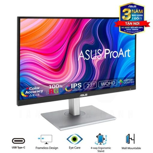 ASUS ProArt PA278CV Professional Monitor - 27 inch, WQHD, IPS, 100% sRGB, Color Accuracy ΔE < 2, USB-C, DisplayPort Daisy-chaining
