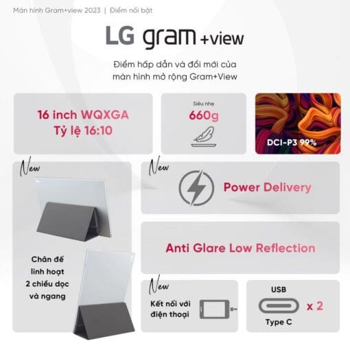 LG Gram View 2023 16MR70.ASDA5 Portable Monitor - Silver, 16 inch 16:10 WQXGA (2560x1600), IPS 60Hz, USB-C, non OS