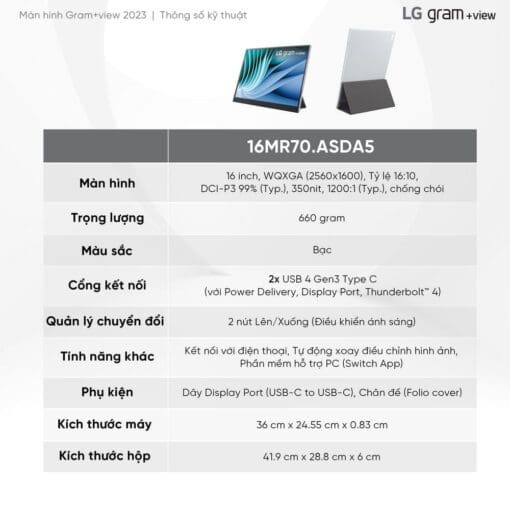 LG Gram View 2023 16MR70.ASDA5 Portable Monitor - Silver, 16 inch 16:10 WQXGA (2560x1600), IPS 60Hz, USB-C, non OS