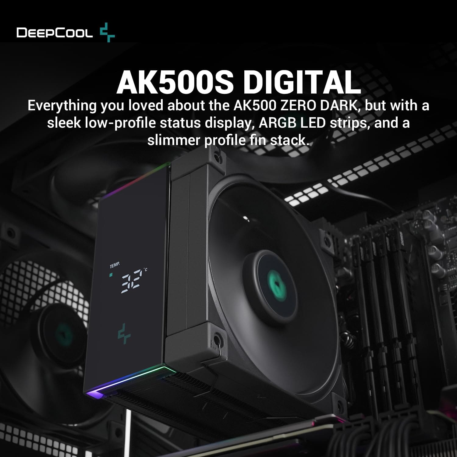 DEEPCOOL AK500S DIGITAL Black CPU Air Cooler - Single Tower, Real-Time CPU Status Screen, 5 Offset Copper Heat Pipes, All Black Design 29 DeepCool AK500S Digital Display CPU Cooler page mb 1
