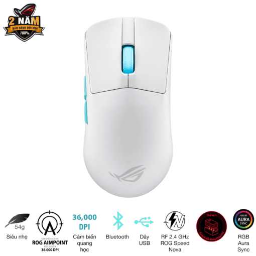 ASUS ROG Harpe Ace Aim Lab Edition Moonlight Gaming Mouse - White, 54g Ultra-Lightweight, Connectivity (2.4GHz RF, Bluetooth, Wired), 36K DPI Sensor
