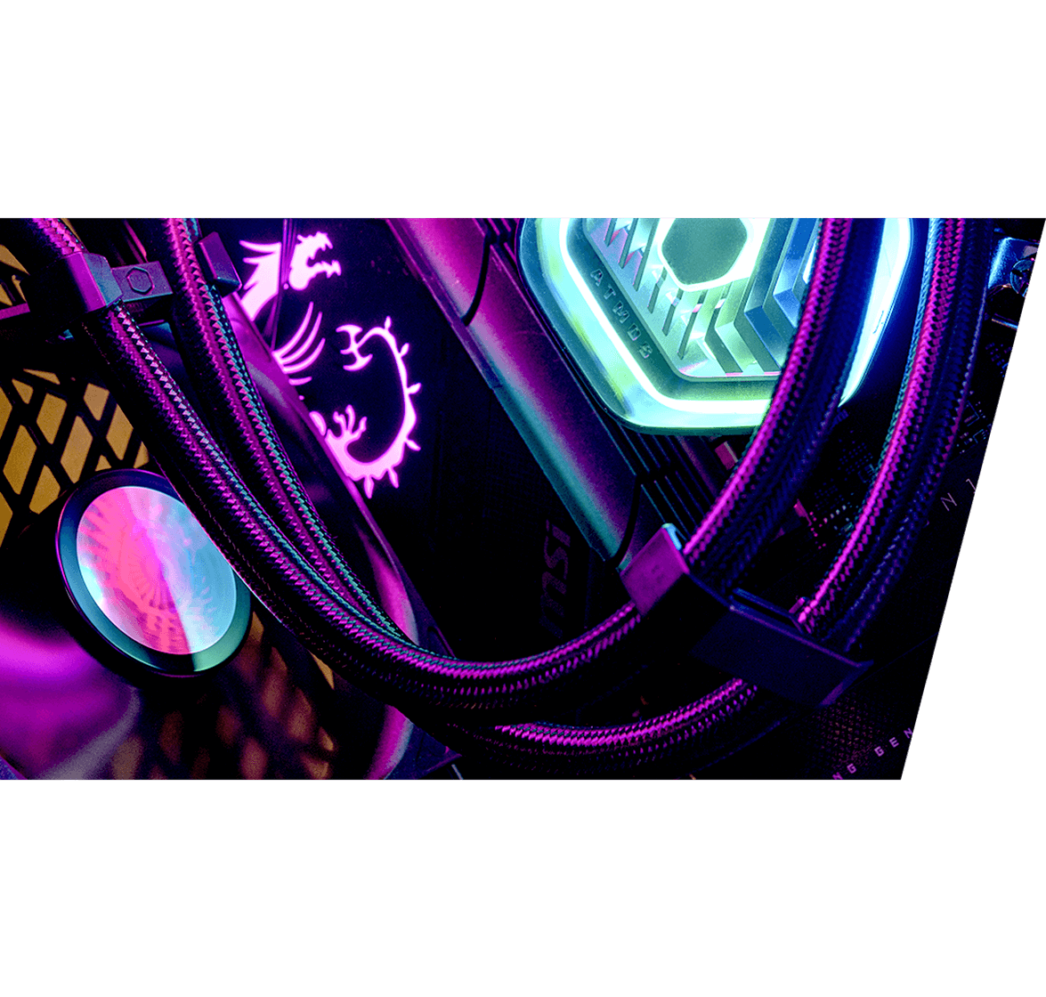 Cooler Master MASTERLIQUID 360 ATMOS ARGB Close-Loop AIO Liquid Cooling - Black, Customize Pump, Sickleflow Edge PWM Fans, 240mm Radiator, CryoFuze Cooling 72 ml atmos block11 bg1 0222 imageleftorright
