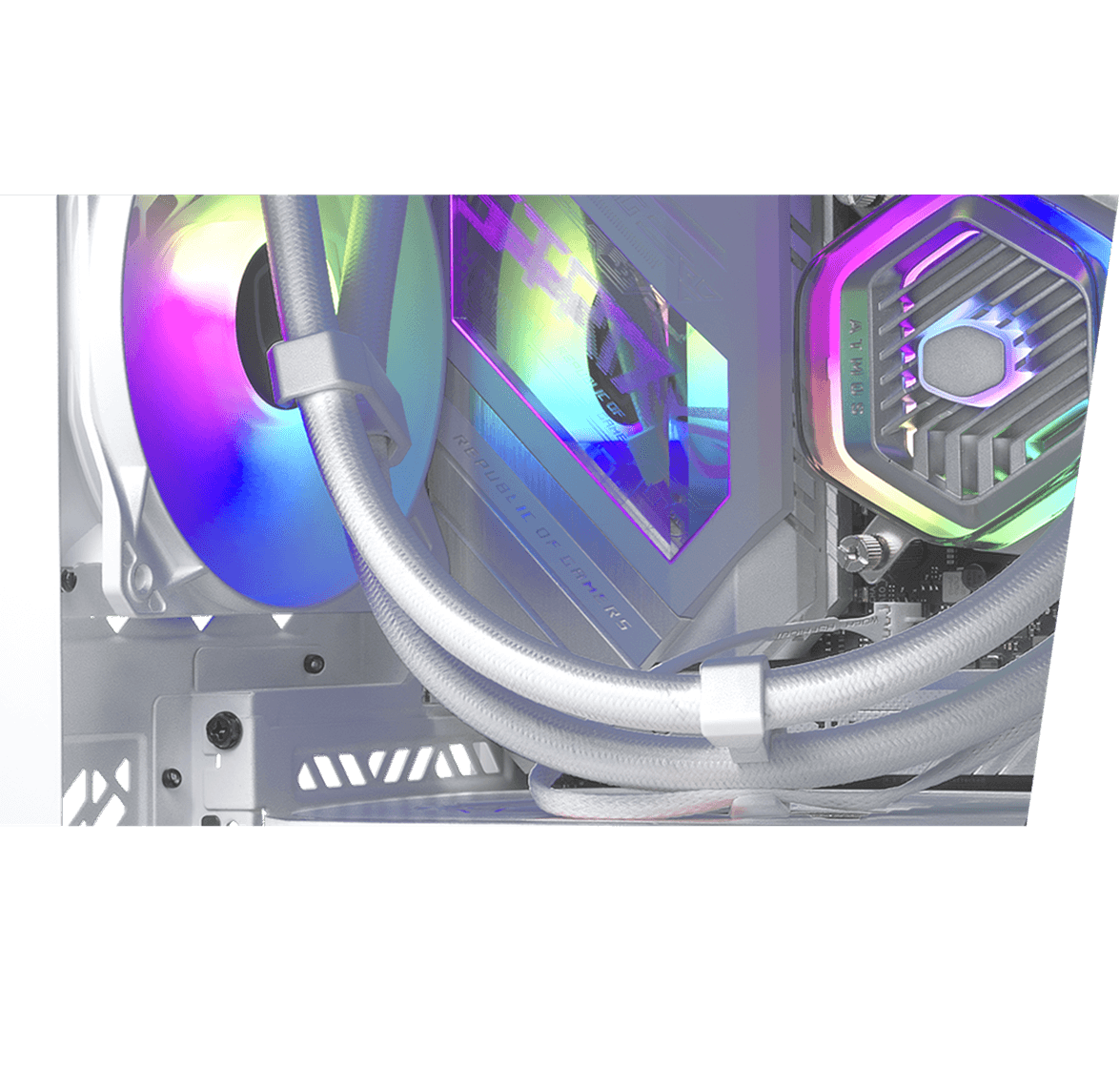 Cooler Master MASTERLIQUID 240 ATMOS ARGB Close-Loop AIO Liquid Cooling - White, Customize Pump, Sickleflow Edge PWM Fans, 240mm Radiator, CryoFuze Cooling 58 ml atmos white block14 bg1 imageleftorright