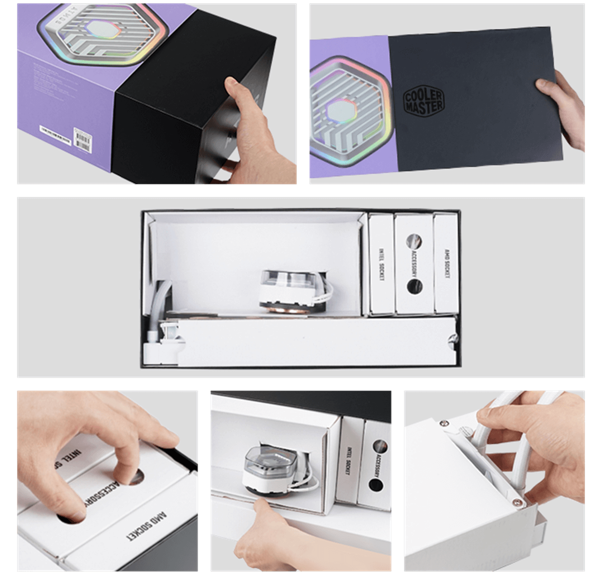 Cooler Master MASTERLIQUID 240 ATMOS ARGB Close-Loop AIO Liquid Cooling - White, Customize Pump, Sickleflow Edge PWM Fans, 240mm Radiator, CryoFuze Cooling 40 ml atmos white block9 bg1 imageleftorright