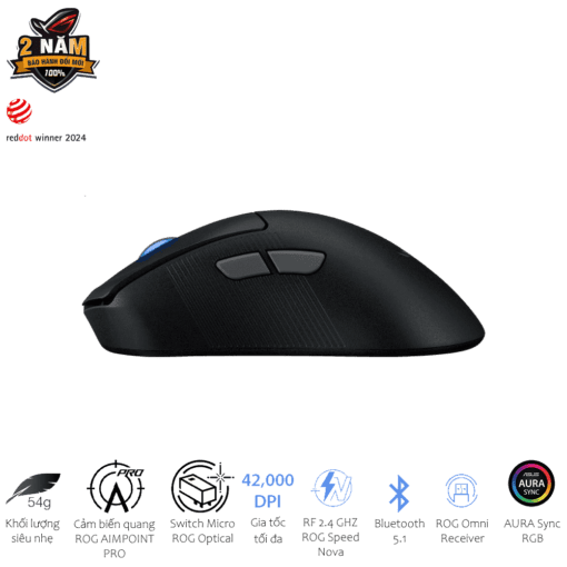 ASUS ROG Keris II Ace AimPoint Pro Black Gaming Mouse - 54g, Wireless 2.4GHz RF, Bluetooth 5.1, Wired USB 2.0, 42K dpi ROG AimPoint Pro optical sensor