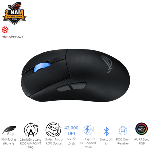 ASUS ROG Keris II Ace AimPoint Pro Black Gaming Mouse - 54g, Wireless 2.4GHz RF, Bluetooth 5.1, Wired USB 2.0, 42K dpi ROG AimPoint Pro optical sensor