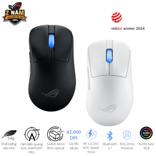 ASUS ROG Keris II Ace AimPoint Pro Black Gaming Mouse - 54g, Wireless 2.4GHz RF, Bluetooth 5.1, Wired USB 2.0, 42K dpi ROG AimPoint Pro optical sensor