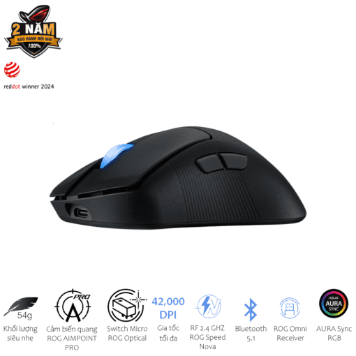 ASUS ROG Keris II Ace AimPoint Pro Black Gaming Mouse - 54g, Wireless 2.4GHz RF, Bluetooth 5.1, Wired USB 2.0, 42K dpi ROG AimPoint Pro optical sensor