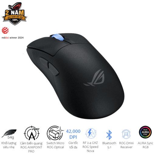 ASUS ROG Keris II Ace AimPoint Pro Black Gaming Mouse - 54g, Wireless 2.4GHz RF, Bluetooth 5.1, Wired USB 2.0, 42K dpi ROG AimPoint Pro optical sensor