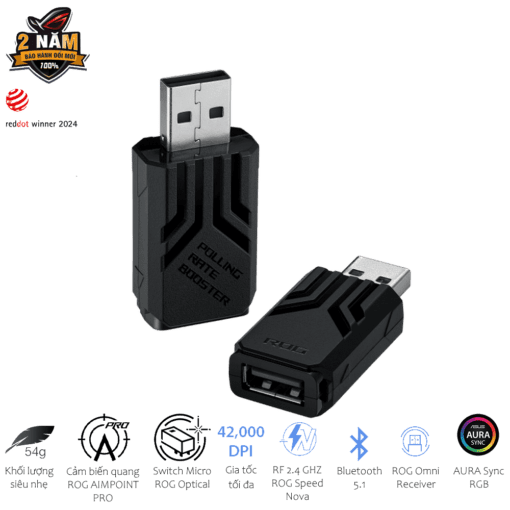 ASUS ROG Keris II Ace AimPoint Pro Black Gaming Mouse - 54g, Wireless 2.4GHz RF, Bluetooth 5.1, Wired USB 2.0, 42K dpi ROG AimPoint Pro optical sensor