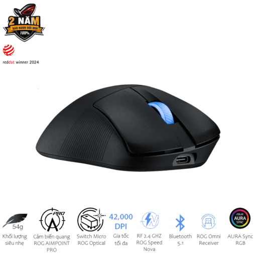 ASUS ROG Keris II Ace AimPoint Pro Black Gaming Mouse - 54g, Wireless 2.4GHz RF, Bluetooth 5.1, Wired USB 2.0, 42K dpi ROG AimPoint Pro optical sensor