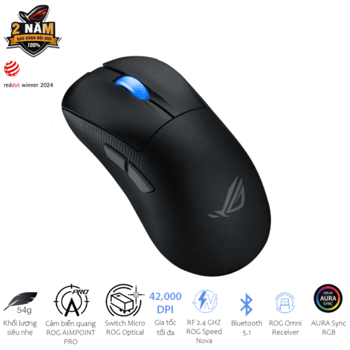 ASUS ROG Keris II Ace AimPoint Pro Black Gaming Mouse - 54g, Wireless 2.4GHz RF, Bluetooth 5.1, Wired USB 2.0, 42K dpi ROG AimPoint Pro optical sensor