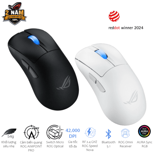 ASUS ROG Keris II Ace AimPoint Pro Black Gaming Mouse - 54g, Wireless 2.4GHz RF, Bluetooth 5.1, Wired USB 2.0, 42K dpi ROG AimPoint Pro optical sensor