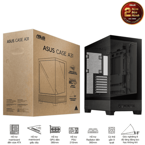 ASUS A31 Black ATX Mid-Tower Case - BTF Hidden Connectors, 8° Angled Base, Dual-Sided Tempered Glass