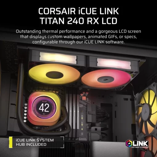 CORSAIR iCUE LINK TITAN 240 RX LCD AIO Liquid CPU Cooler (CW-9061022-WW) - Black, 240mm radiator, 2.1" (480x480) IPS Dispaly, iCUE LINK System Hub included